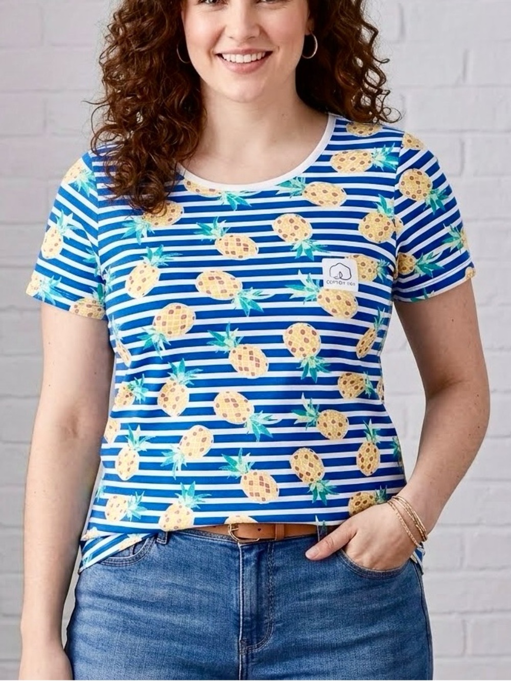 Time and Tru Top Blue White Striped Cotton Tee Shirt Yellow Pineapple Print Sz L